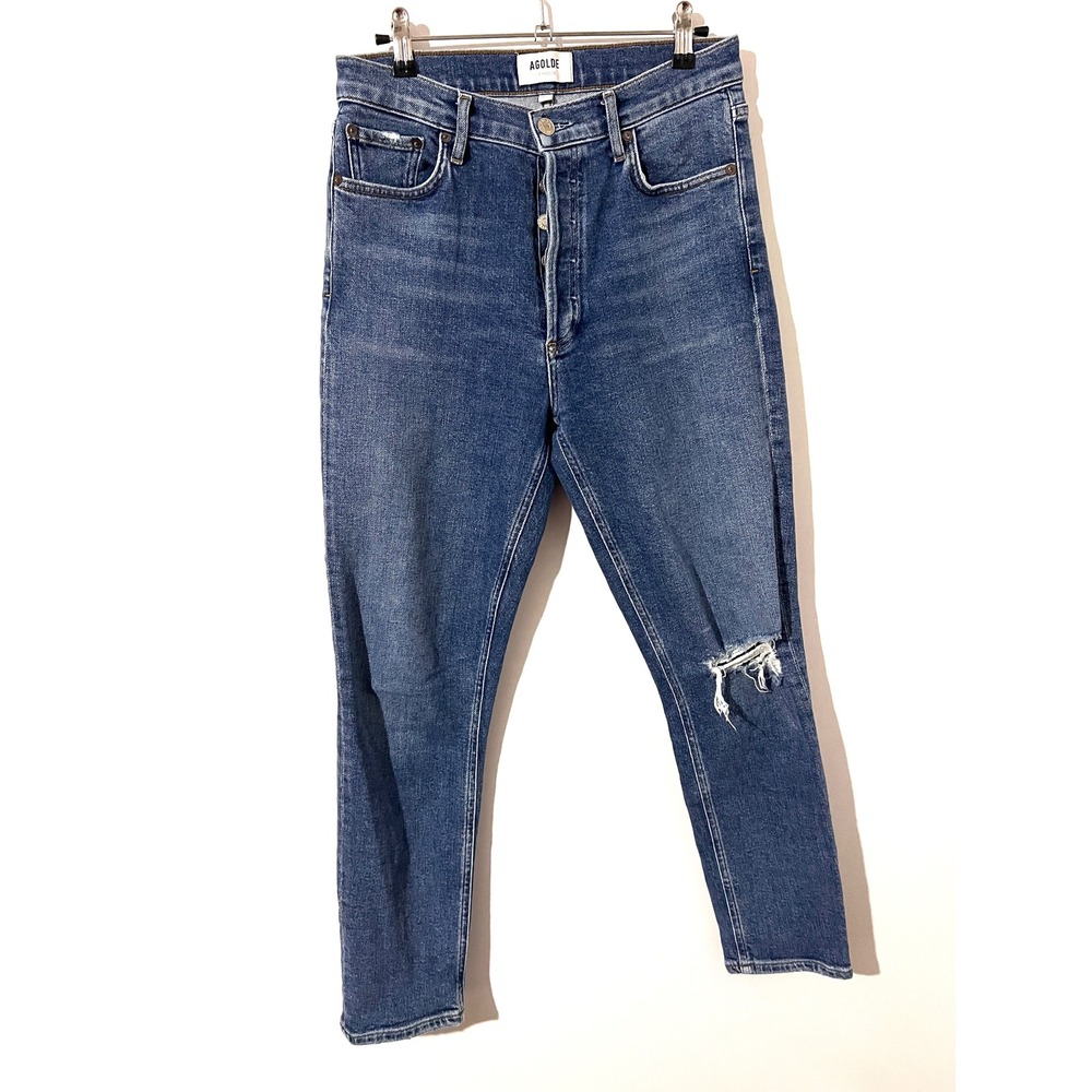 AGOLDE Blue Nico High Rise Slim Fit Distressed Knee Shoreline Blue Jeans Size 27